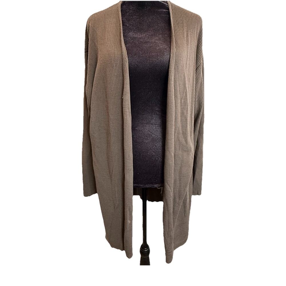 90s Jaeger 100% Merino Wool Cardigan Womens Open Front Taupe Small hole